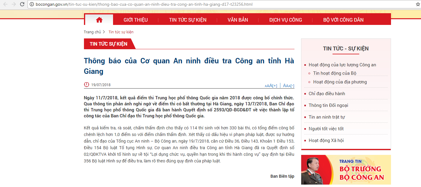 Thông báo khởi tố hình sự vụ gian lận thi cử ở Hà Giang trên Cổng thông tin Bộ Công an.