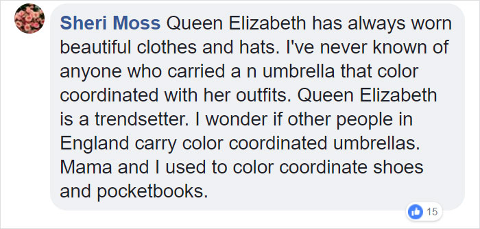   Nữ hoàng Elizabeth luôn mặc quần áo và đội mũ rất đẹp. Tôi chưa từng biết ai mang ô giống màu trang phục như vậy. Nữ Hoàng là người dẫn đầu xu hướng. Không biết những người Anh khác có bao giờ mang ô ton sur ton vậy không. Mẹ tôi và tôi cũng thường phối màu giày và túi xách  