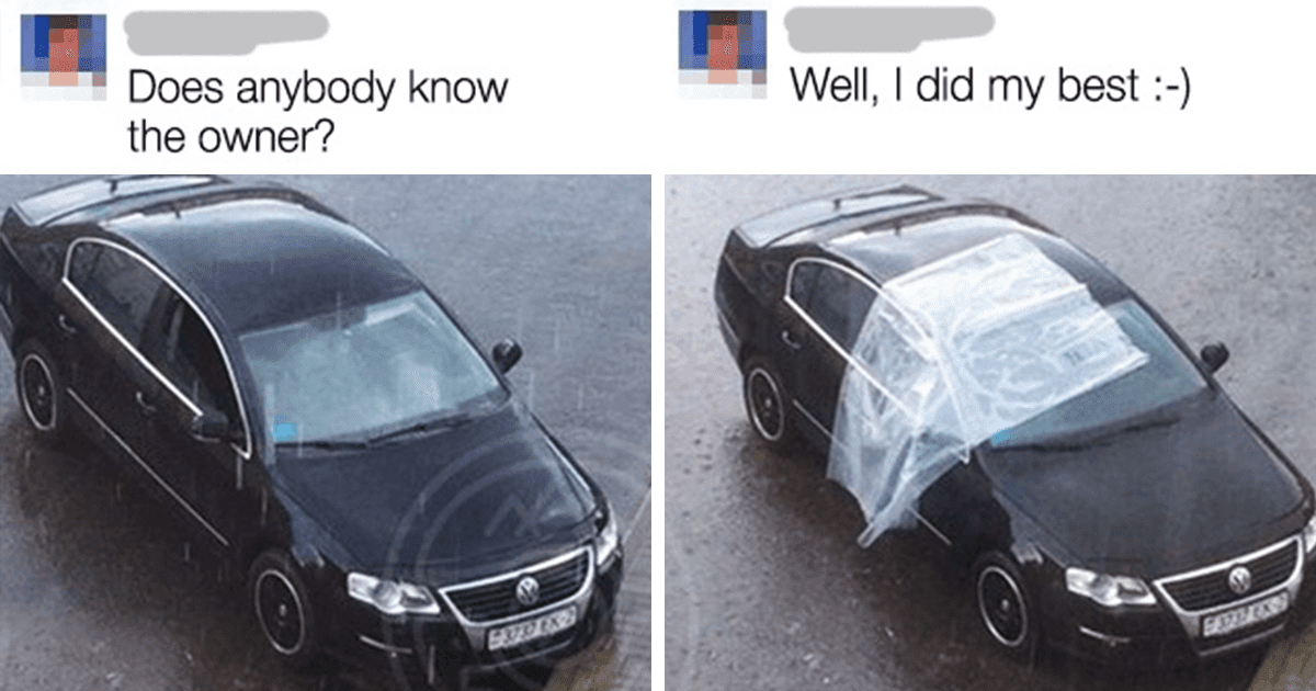   Một người phát hiện chiếc xe mở kính cửa giữa trời mưa và cố gắng che chắn chiếc xe giúp người chủ không quen biết.  