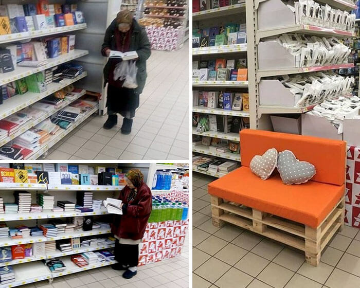   Bà cụ thường xuyên đến siêu thị để đọc sách, thế là quản lý đặt một chiếc ghế nhỏ ở đây cho cụ.  