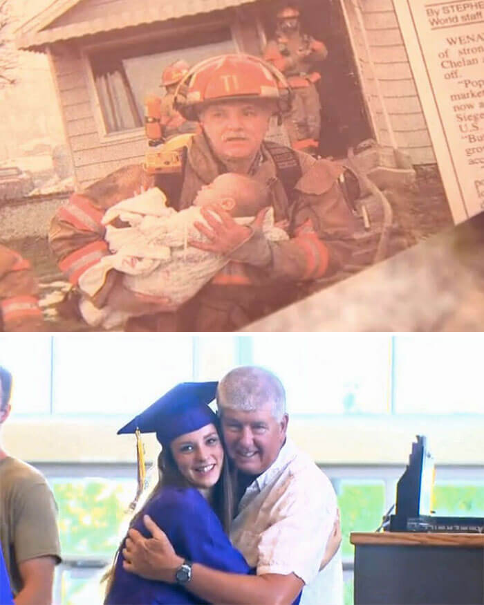   Người lính cứu hỏa đã nghỉ hưu được mời đến lễ tốt nghiệp của cô gái mà ông đã cứu sống 17 năm trước trong một vụ cháy nhà.  