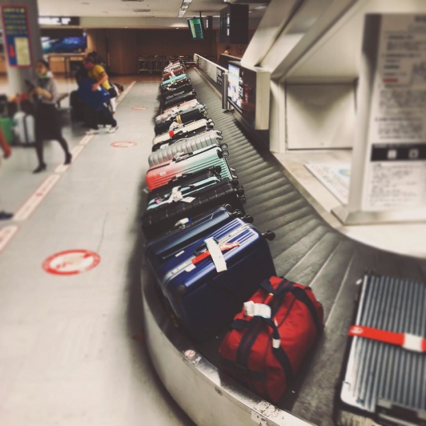   Hành lý được sắp xếp vô cùng trật tự, phần quai đề hướng lên trên để hành khách dễ lấy đồ (hình ảnh ở sân bay Narita)  