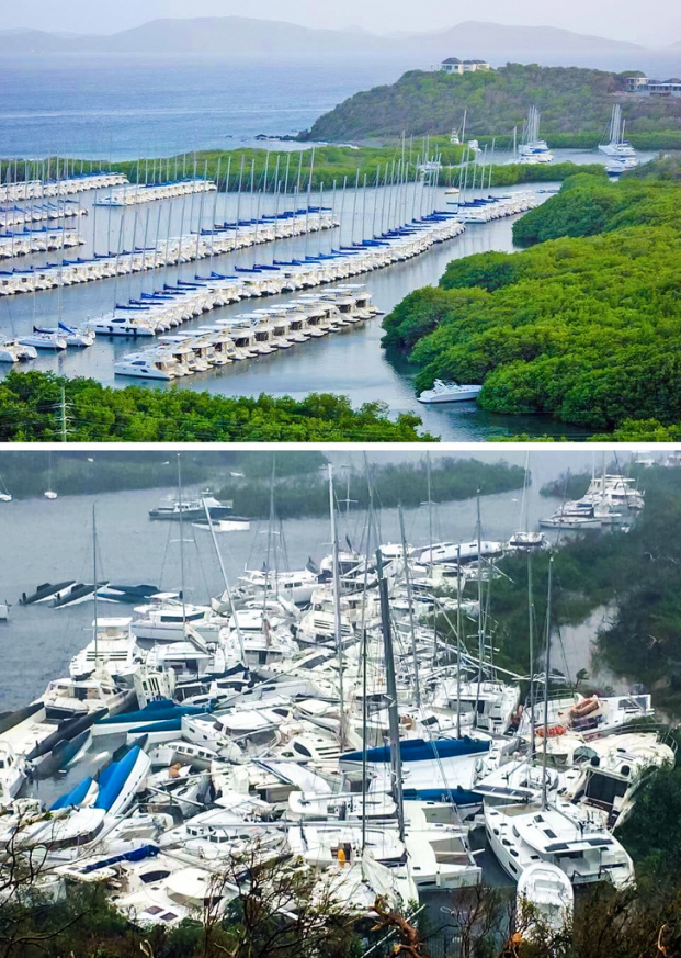   Những chiếc tàu, thuyền neo đậu ở vịnh Paraquita, Quần đảo Virgin trước và sau bão  