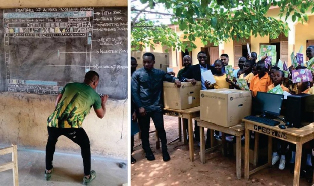   Trường nghèo không có máy tính nên thầy giáo ở Ghana đã vẽ cả giao diện MS Word lên bảng đen cho học sinh học tin học. Câu chuyện gây xúc động mạnh, nhiều người biết chuyện đã gửi máy tính quyên góp cho trường  
