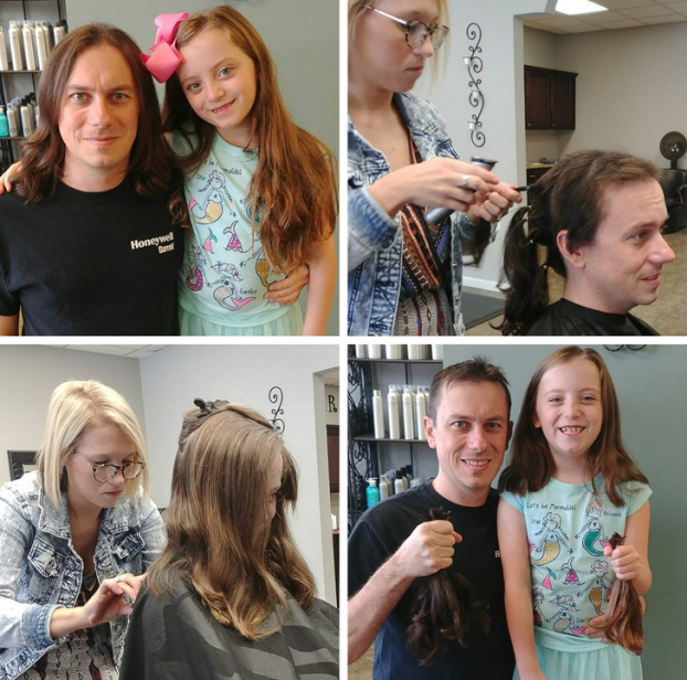  Ông bố cùng đi cắt tóc bộ tóc đã nuôi 2 năm để làm từ thiện với con gái  