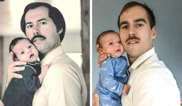   Tái hiện bức ảnh 30 năm trước mà bố chụp cùng tôi khi tôi được 5 tuần tuổi. Và đây là tôi và con gái cũng khi 5 tuần tuổi  
