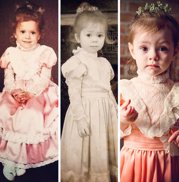  Chiếc váy tôi mặc (ảnh bên trái) khi 3 tuổi và hai con gái của tôi cũng mặc chiếc váy ấy để chụp ảnh khi 3 tuổi  