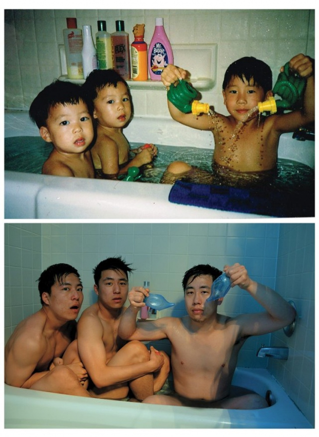   Ba chàng trai bỗng chốc như bé lại khi chui vừa 1 chiếc bồn tắm  