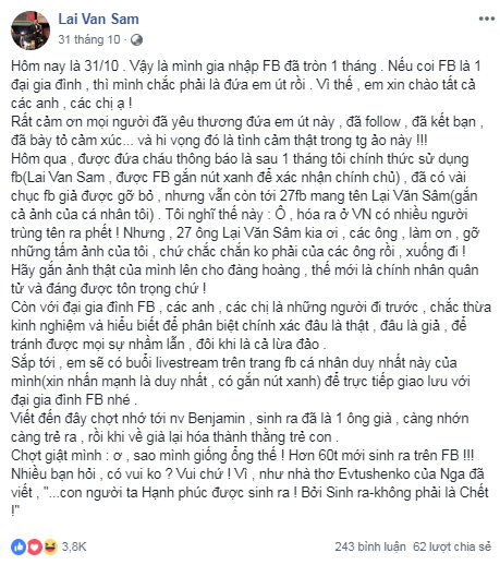   Nhà báo Lại Văn Sâm từng chia sẻ về việc nhiều Facebook giả mạo tên tuổi, gắn cả ảnh của cá nhân anh một cách hài hước: 