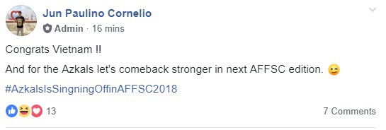   Chúc mừng Việt Nam!! Còn với các cầu thủ Philippines, hãy trở lại mạnh mẽ hơn trong giải đấu sắp tới khu vực Đông Nam Á nào! - Jun Paulino Cornelio, quản lý của Cộng đồng fan bóng đá châu Á đăng tải.  