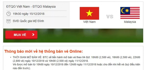 VFF giảm mạnh số lượng vé bán online trận chung kết giữa Việt Nam vs Malaysia 1