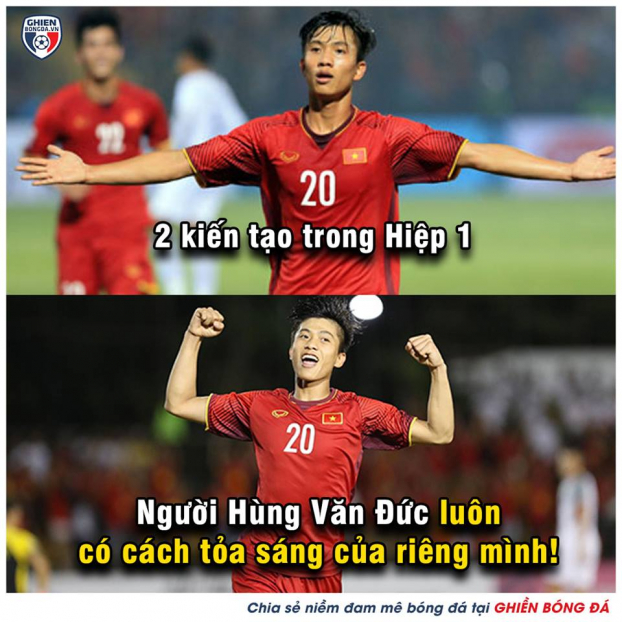   Đằng sau 2 khoảnh khắc ăn mừng của Đức Huy và Huy Hùng là bóng dáng người hùng mang áo số 20 - Văn Đức. Anh chính là người đã kiến tạo cho hai đồng đội ghi bàn thắng quan trọng vào lưới Malaysia (Nguồn: Ghiền bóng đá)  