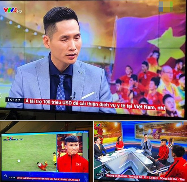   MC Quốc Khánh dẫn chương trình giao lưu với cầu thủ Quang Hải, Văn Quyết trên sóng Thời sự 19 giờ  