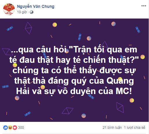 MC VTV3 hỏi Quang Hải 'ngã đau thật hay chiến thuật' khiến dư luận bất bình 1
