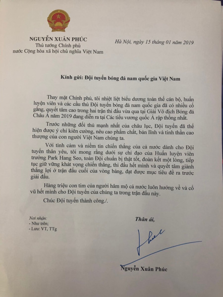Trước trận đấu quyết định với Yemen, Thủ tướng gửi thư truyền sức mạnh cho ĐT Việt Nam 0