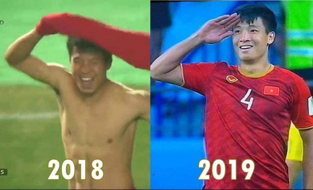   Hai khoảnh khắc đáng nhớ của Tiến Dũng trong 2 trận đấu lịch sử của tuyển Việt Nam cũng được đặt cạnh nhau và lan truyền trong cộng đồng mạng  