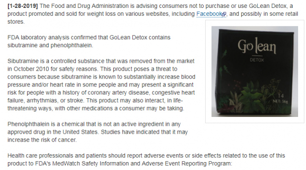   Trà thảo mộc Golean Detox hộp khối vuông được FDA (Mỹ) khuyến cáo người tiêu dùng. Công ty Mat Xi đã thu hồi và không bán trên thị trường từ tháng 8/2018  