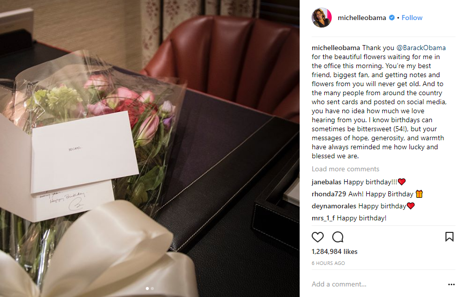 Món quà bất ngờ ông Obama dành tặng vợ nhân ngày sinh nhật được bà Michelle đăng tải trên Instagram