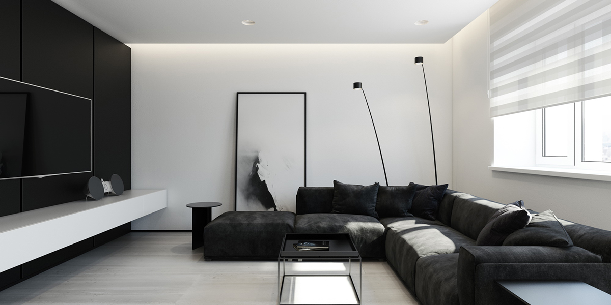 Nếu bạn muốn một không gian hoàn toàn đơn sắc, hãy thử sơn tường đen, dùng ghế nhung đen và cả chiếc bàn uống nước cũng màu đen. Kết hợp với những mảng tường và trần nhà màu trắng, không gian trông sẽ bớt tăm tối.  