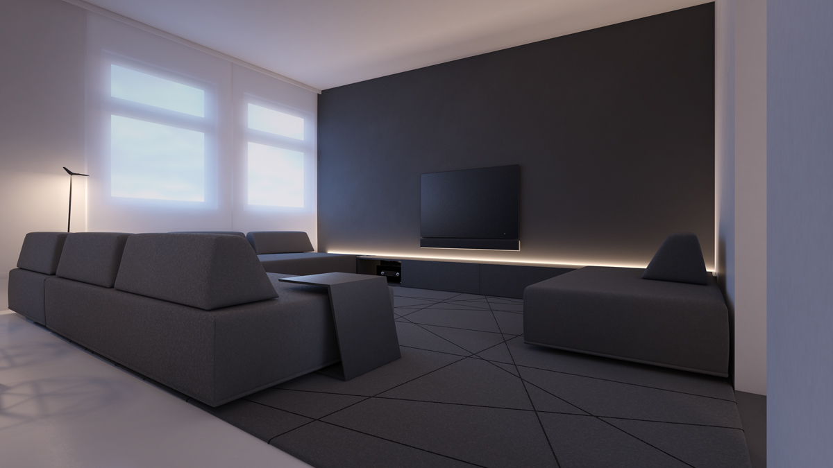 Hãy để một hàng đèn LED lên tiếng. Bao phủ trong một màu đen huyền bí, chiếc ghế sofa hiện đại và tấm thảm với họa tiết đa giác độc đáo được chiếu sáng bởi một dàn đèn đặt bên dưới chiếc TV. 