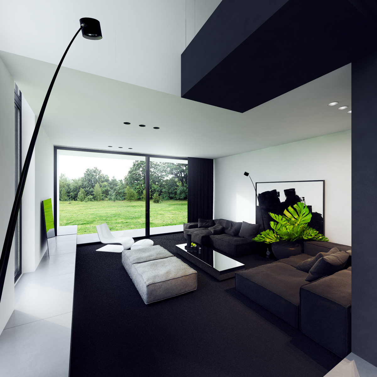 Để không gian phòng khách trắng – đen bớt ảm đạm, bạn có thể kết hợp với trần nhà, thảm và rèm màu xanh navy. Cùng với chiếc chân đèn màu đen độc đáo, chậu cây và tác phẩm nghệ thuật ấn tượng, căn phòng trở nên thật cá tính và thú vị.