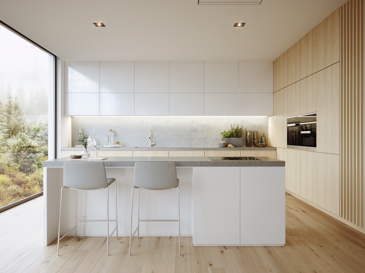 Một ví dụ khác của một căn bếp kết hợp màu trắng và chất liệu gỗ.  