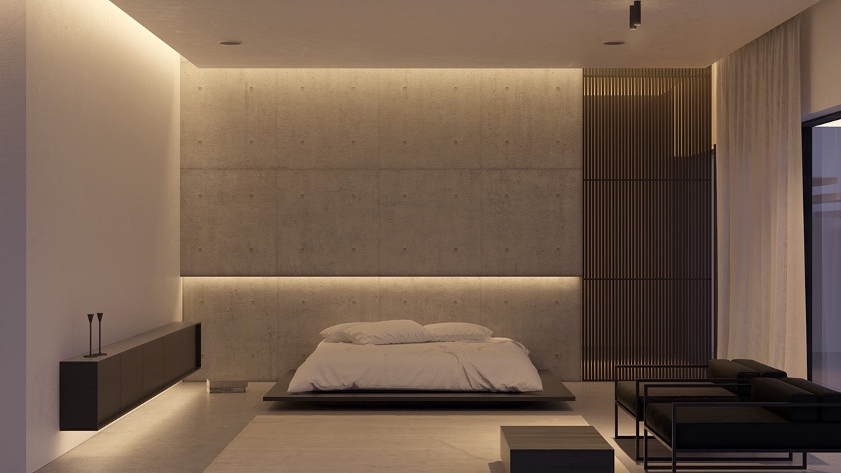 Một căn phòng mang đậm phong cách phương Đông với tông màu nâu - xám. Phong cách tối giản được thể hiện ở những đường nét rõ ràng và áp dụng độ cao.