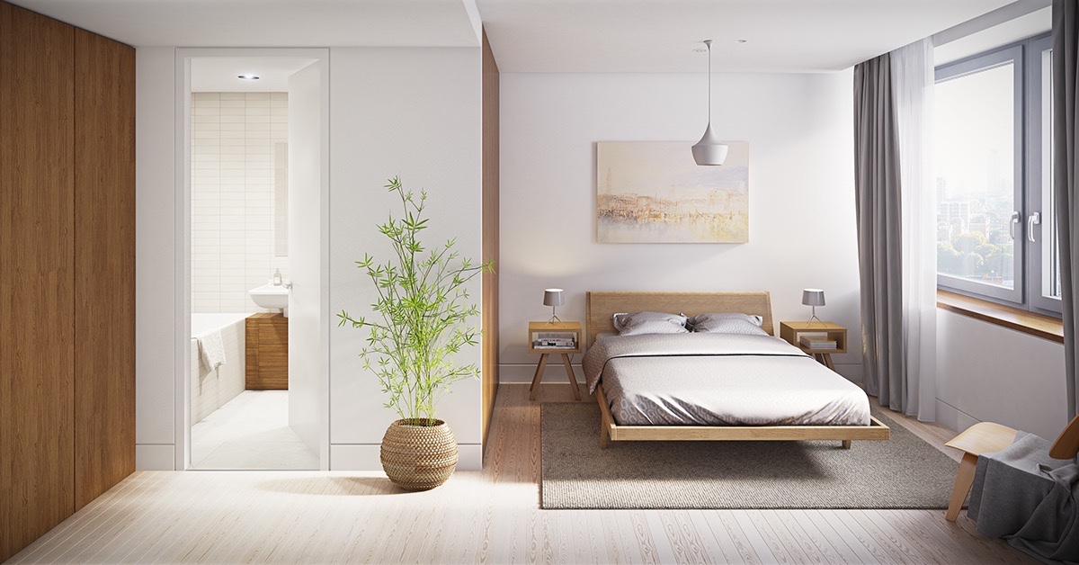 Chiếc giường thấp, đơn giản cùng chất liệu gỗ và chậu cây cảnh giúp cho căn phòng tối giản trở nên sống động hơn