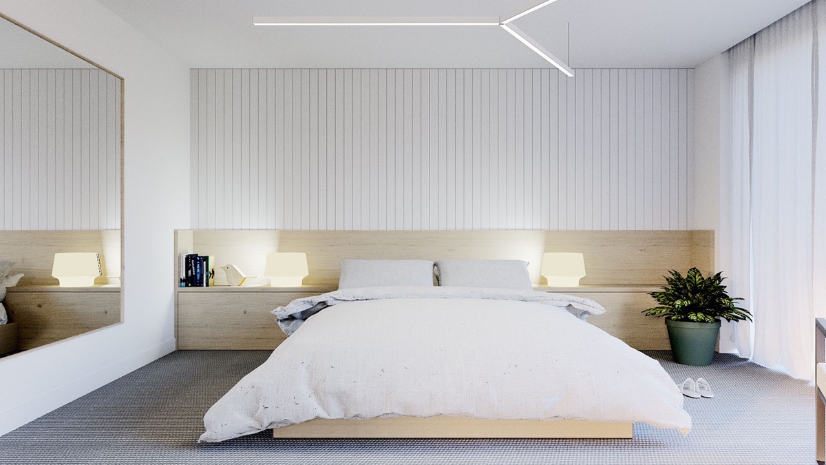 Phòng ngủ này sử dụng tường họa tiết và tạo điểm nhấn ở gỗ tự nhiên. Đèn trần kiểu cách thêm vào yếu tố nghệ thuật cho căn phòng.  