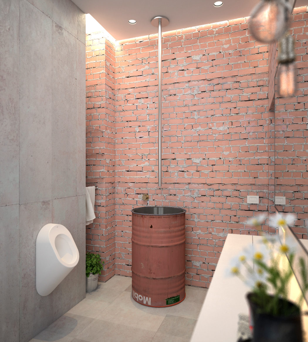 Phòng tắm cũng được thiết kế theo phong cách công nghiệp với tường gạch thô, tường xi măng và một chiếc thùng phuy