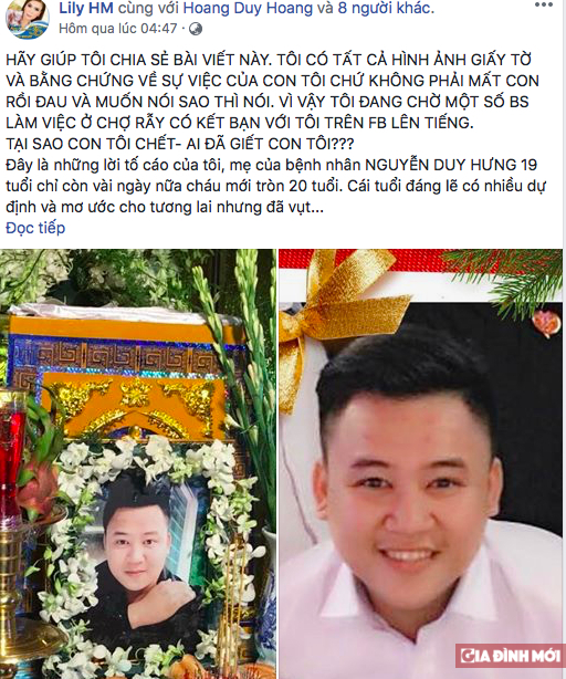   Chia sẻ của một người dùng mạng xã hội được cho là mẹ của bệnh nhân Nguyễn Duy Hưng  