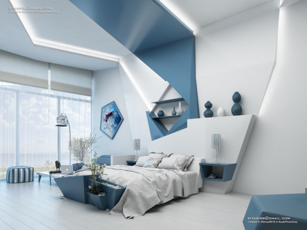   Các tấm ốp tường và trần hình học, hoặc các đơn vị giá đỡ góc màu kép, có thể được sử dụng để đánh lừa thị giác trong phòng ngủ này.  