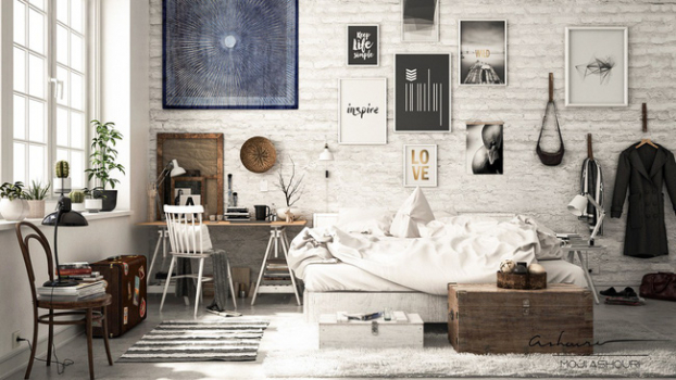   Phòng ngủ kiểu Scandinavia với đồ nội thất màu trắng và tường nghệ thuật đơn sắc.  