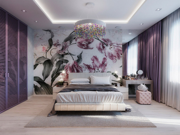   Phòng ngủ đem đến những bông hoa mơ màng tuyệt đẹp theo chủ đề màu tím này với bức tường đầu giường nở rộ.  