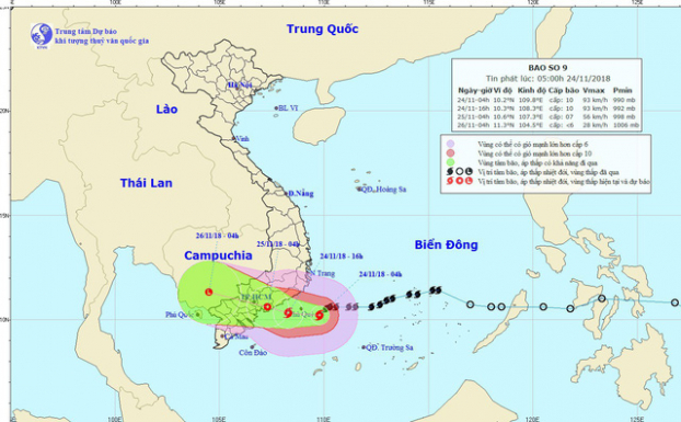   Chiều nay, bão số 9 đi vào vùng biển từ Bình Thuận tới Bến Tre với sức gió mạnh cấp 9-10  