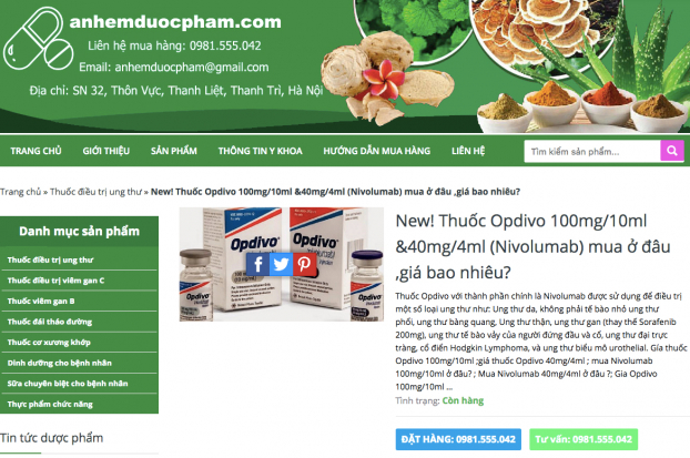   Thuốc Opdivo được rao bán trên website anhemduocpham.com. Ảnh: Chụp màn hình website.  