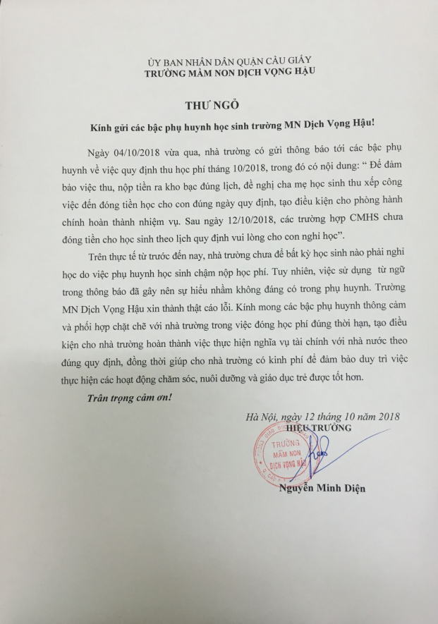   Trường mầm non Dịch Vọng Hậu đã viết thư ngỏ xin lỗi phụ huynh về việc sử dụng từ ngữ chưa hợp lý.  