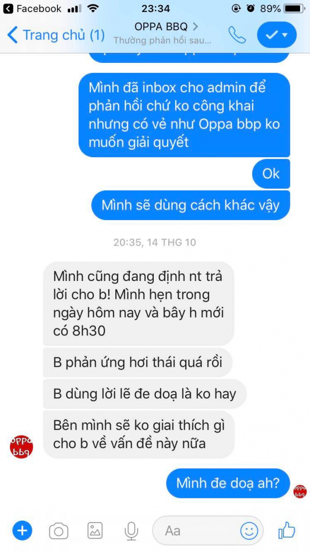   Tuệ Linh cung cấp đoạn tin nhắn trao đổi với admin của fanpage OPPA BBQ Hà Đông.  