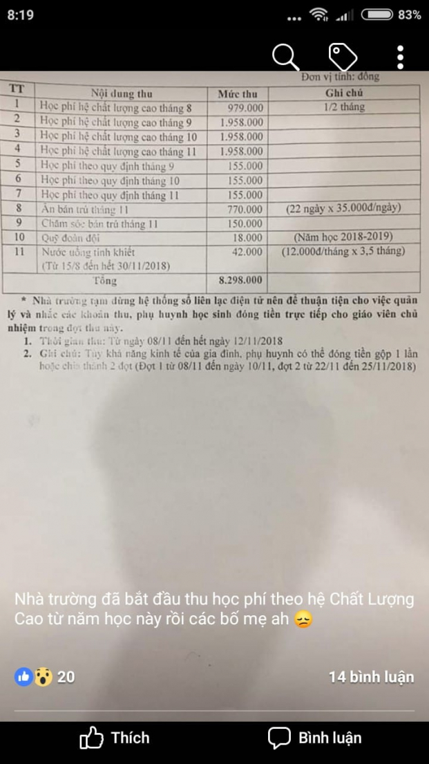   Thông báo thu phí của trường THCS Thanh Xuân khiến phụ huynh ngỡ ngàng.  