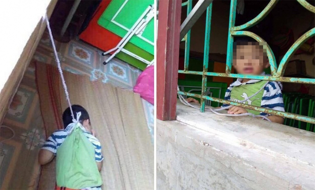   Hình ảnh bé trai 4 tuổi bị cô giáo trường mầm non B Trực Đại dùng dây buộc vào cửa sổ.  