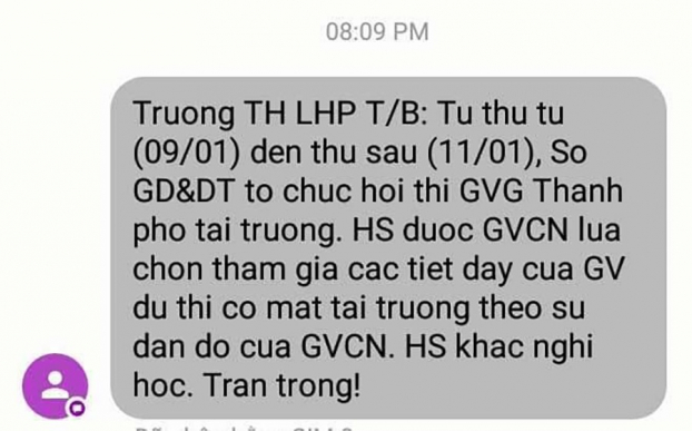   Tin nhắn thông báo của trường tiểu học Lê Hồng Phong.  