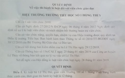  Trường Tiểu học số 1 Hồng Thủy ra quyết định kỷ luật cảnh cáo cô giáo Lê Thị Hải.  