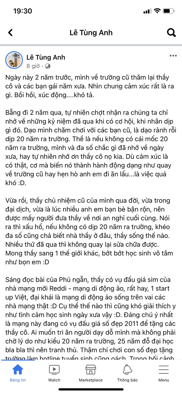 Facebooker Le Tung Anh chia se ve chuong trinh Dau gia Sim tang thay co