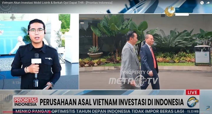 Kênh truyền hình Metro TV của Indonesia đưa tin về cuộc gặp giữa tỷ phú Phạm Nhật Vượng và Tổng thống Prabowo Subianto.