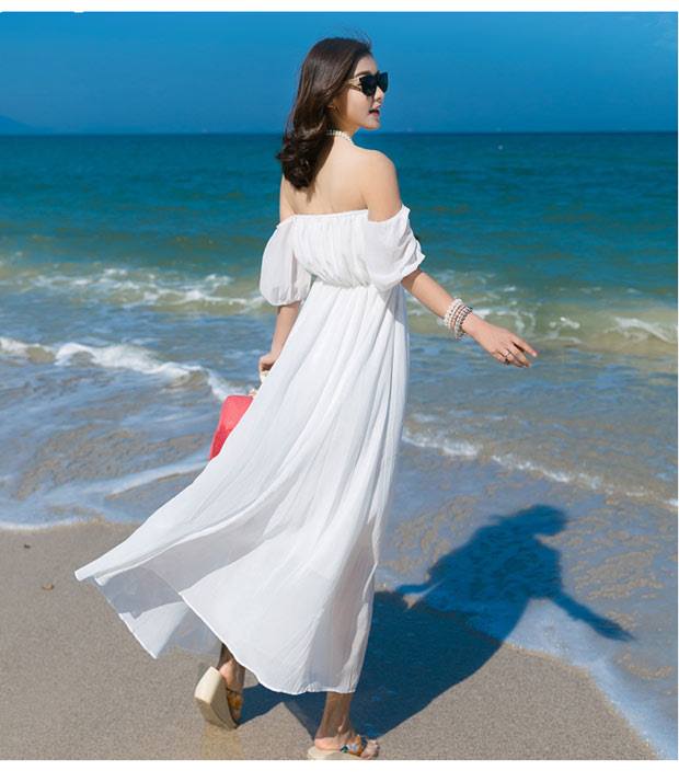 Đầm maxi dài vai bèo cổ trễ váy nữ vải tơ hoạ tiết hoa in thiết kế mặc đi  chơi du lịch biển nghỉ mát resort dự tiệc giá sỉ, giá bán