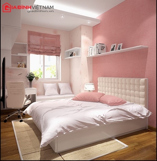Trang trí phòng ngủ với nội thất trắng trên tông màu hồng