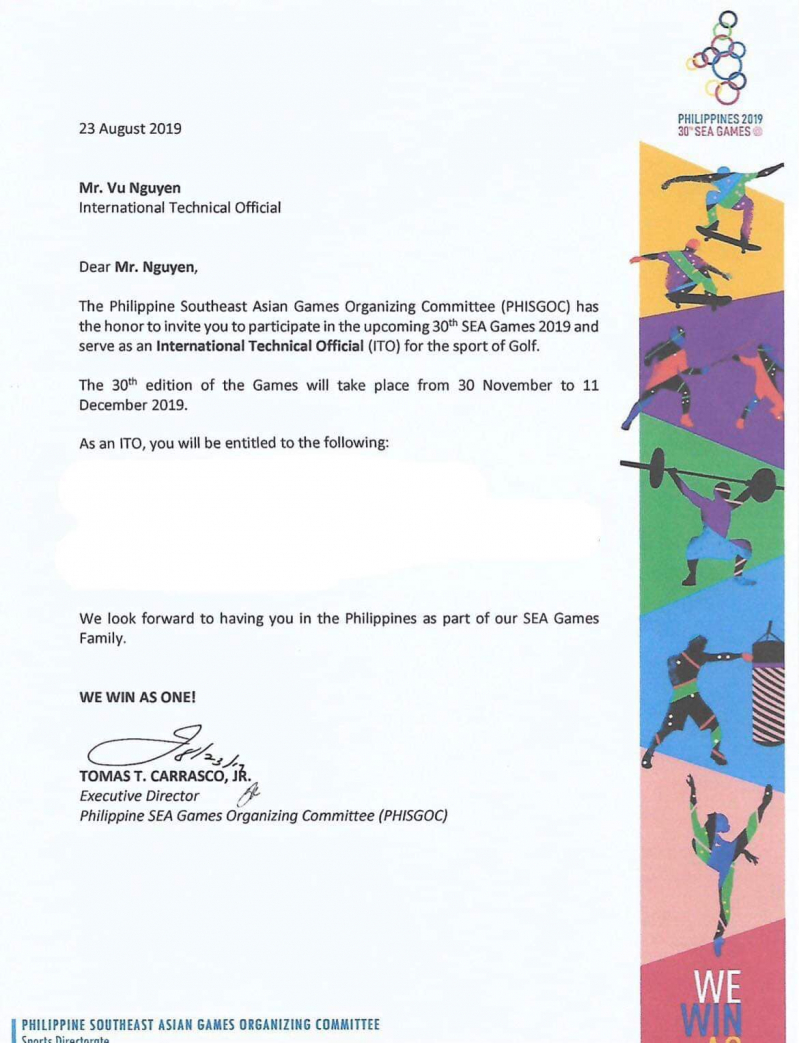 Giấy mời ông Vũ Nguyên của Ban tổ chức Đại Hội Thể Thao Đông Nam Á Seagames 30 tại Philippines