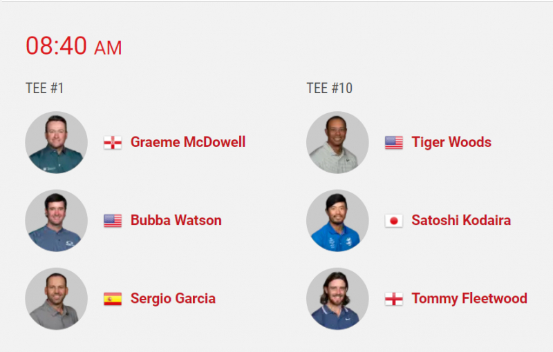 Cùng giờ xuất phát với Tiger Woods còn có ba golfer: Graeme McDowell, Bubba Watson và Sergio Garcia ở Tee số 1