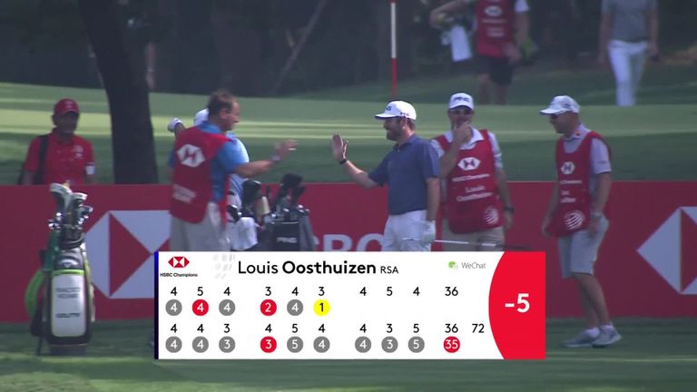 Hình ảnh Louis OoSthuizen và caddie ăn mừng sau điểm Hole in One ấn tượng