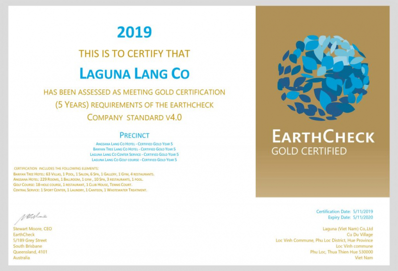 Laguna Lăng Cô là 1 trong 3 sân golf trên Thế giới được công nhận đạt được các tiêu chuẩn Vàng của EarthCheck